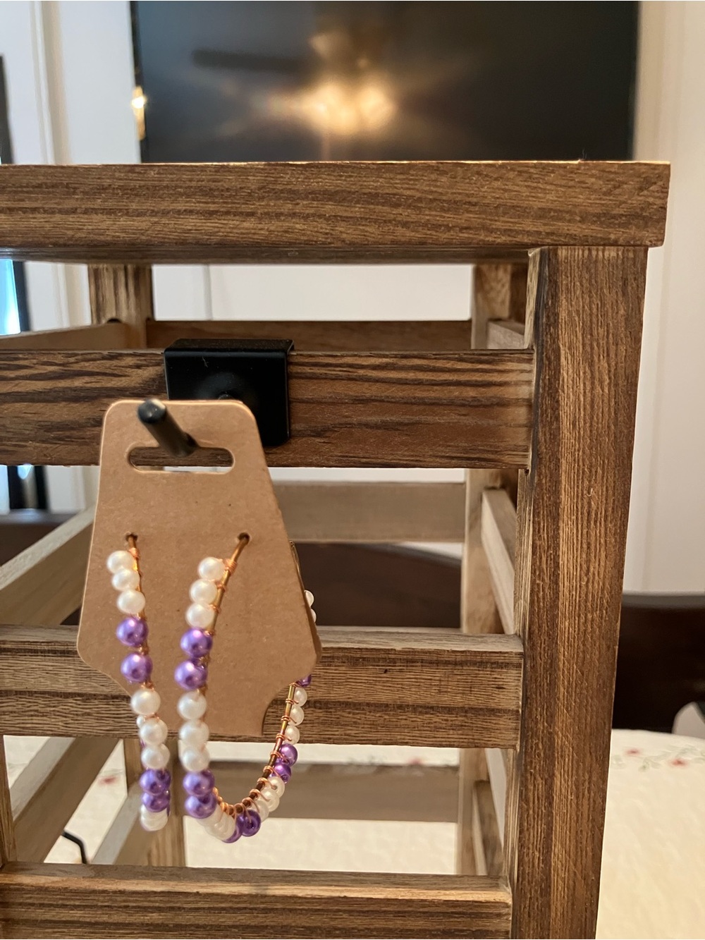 Handcrafted Gold accent Hooped Earrings with lavender and white beads